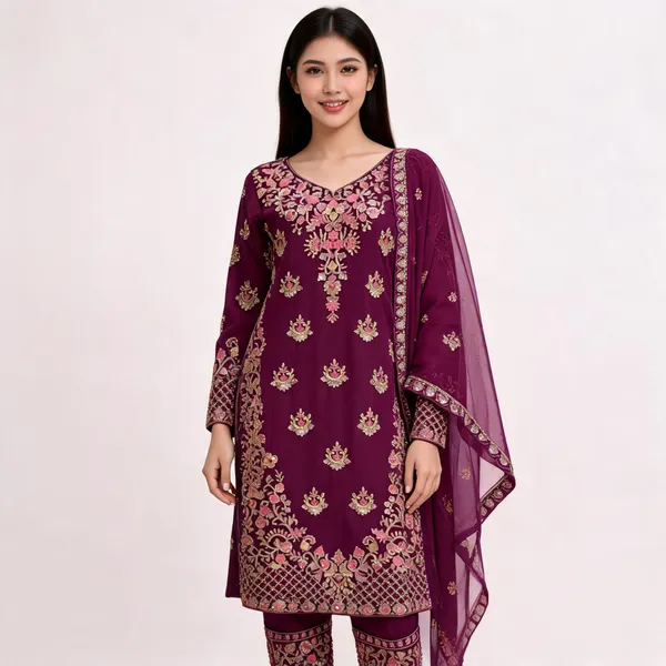 Wine_Georgette_Embroidery_Bead_Work_Top_Pant_Dupatta_Set_For_Women