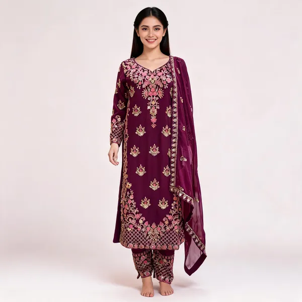 Wine_Georgette_Embroidery_Bead_Work_Top_Pant_Dupatta_Set_For_Women