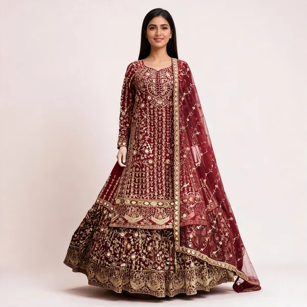 Maroon_Roman_Silk_Bead_Zari_Work_Top_Skirt_Dupatta_Set_For_Women