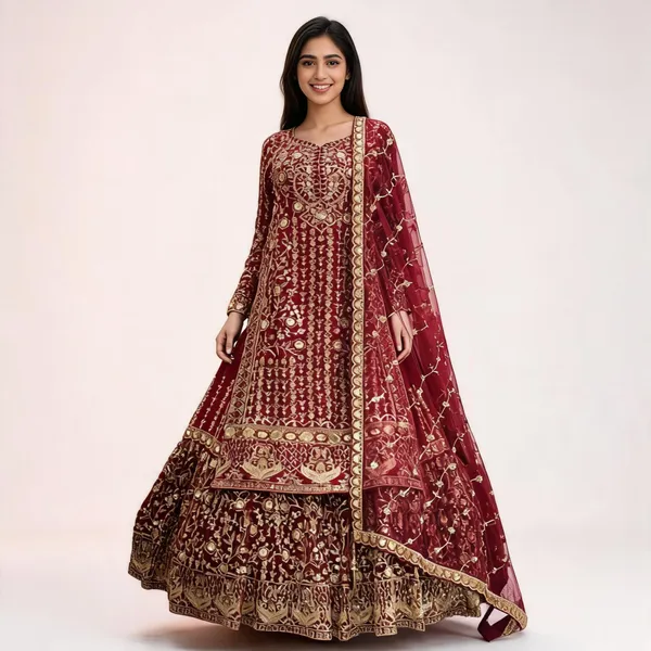 Maroon_Roman_Silk_Bead_Zari_Work_Top_Skirt_Dupatta_Set_For_Women