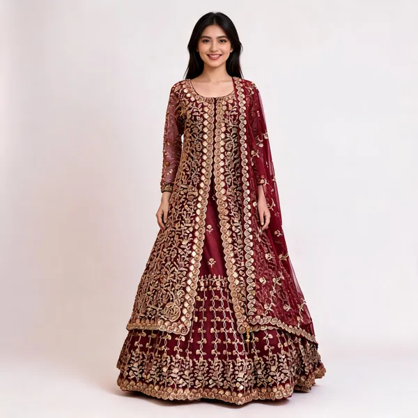 Maroon_Net_Farshi_Gown_With_Jacket_And_Dupatta_For_Women