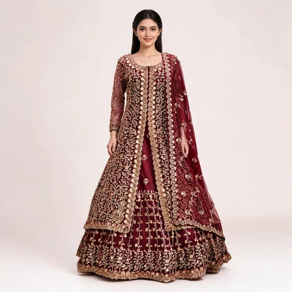 Maroon_Net_Farshi_Gown_With_Jacket_And_Dupatta_For_Women