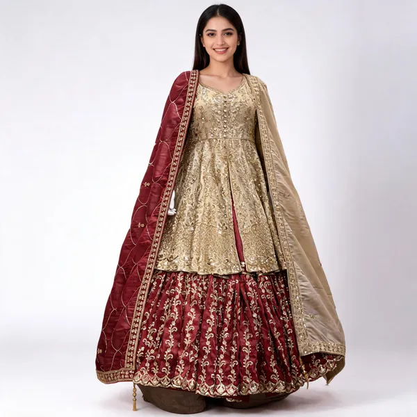 Gold_Rust_Shimmer_Peplum_Top_Farshi_Skirt_With_Dupatta_For_Women
