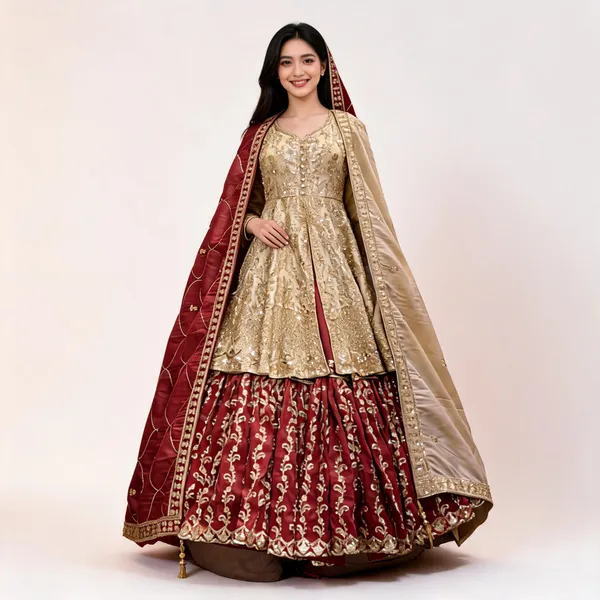 Gold_Rust_Shimmer_Peplum_Top_Farshi_Skirt_With_Dupatta_For_Women