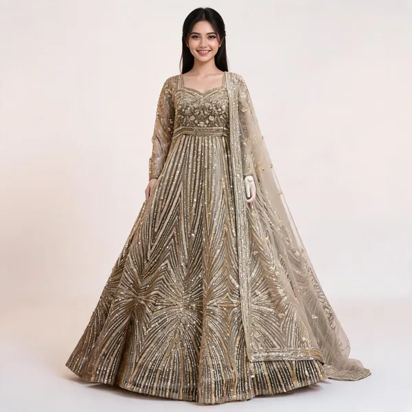 White_Net_Ball_Gown_With_Dupatta_For_Women