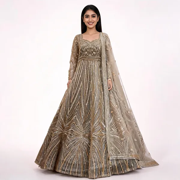 White_Net_Ball_Gown_With_Dupatta_For_Women