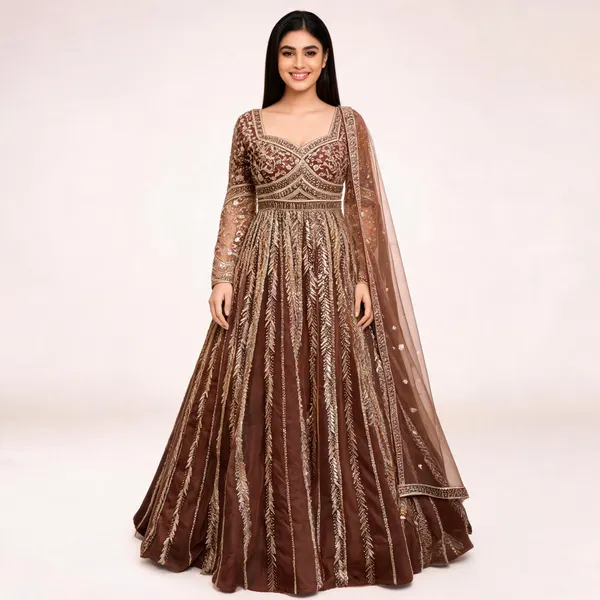 Brown_Net_Ball_Gown_With_Dupatta_For_Women