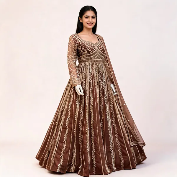 Brown_Net_Ball_Gown_With_Dupatta_For_Women