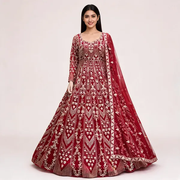 Red_Net_Ball_Gown_With_Dupatta_For_Women