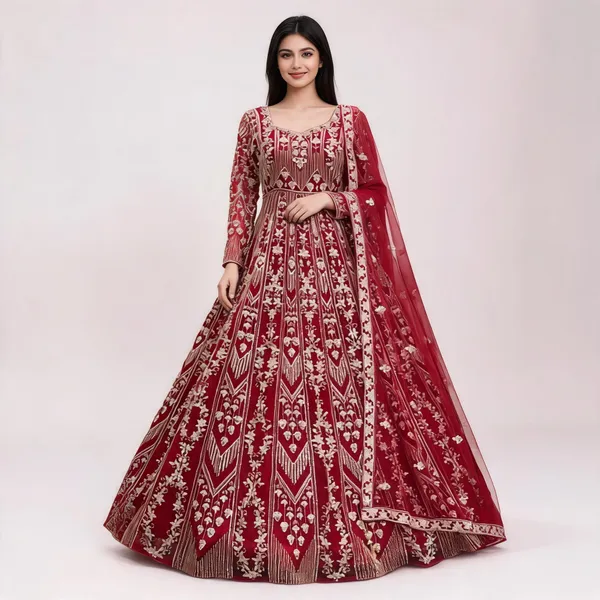 Red_Net_Ball_Gown_With_Dupatta_For_Women