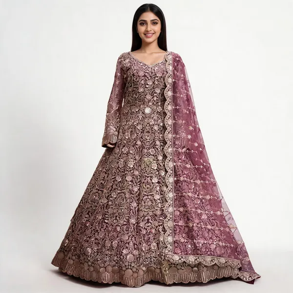Rose_Lavender_Net_Ball_Gown_With_Dupatta_For_Women