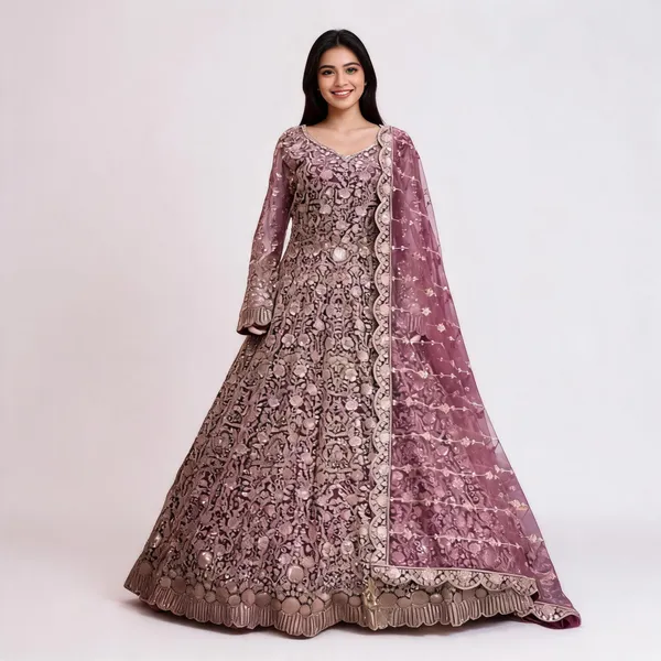 Rose_Lavender_Net_Ball_Gown_With_Dupatta_For_Women