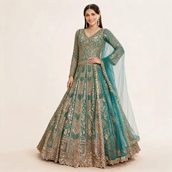 Firozi_Net_Embroidered_Lehenga_Blouse_And_Dupatta_For_Women
