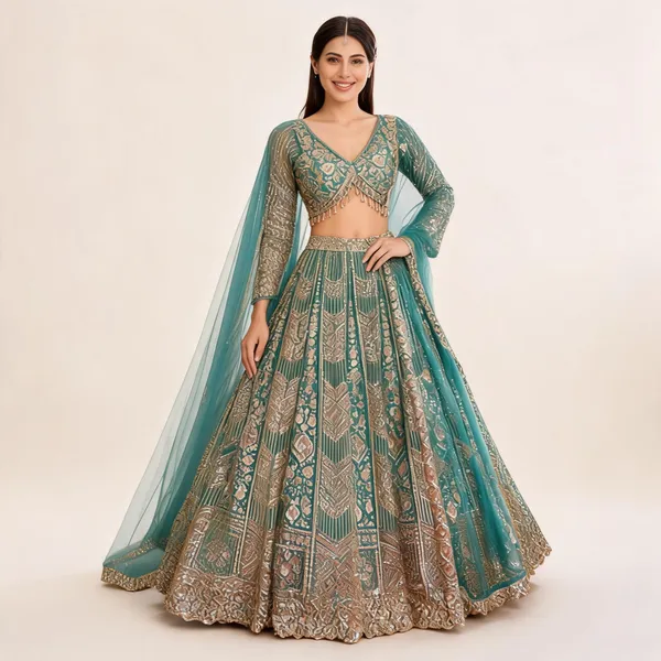 Firozi_Net_Embroidered_Lehenga_Blouse_And_Dupatta_For_Women