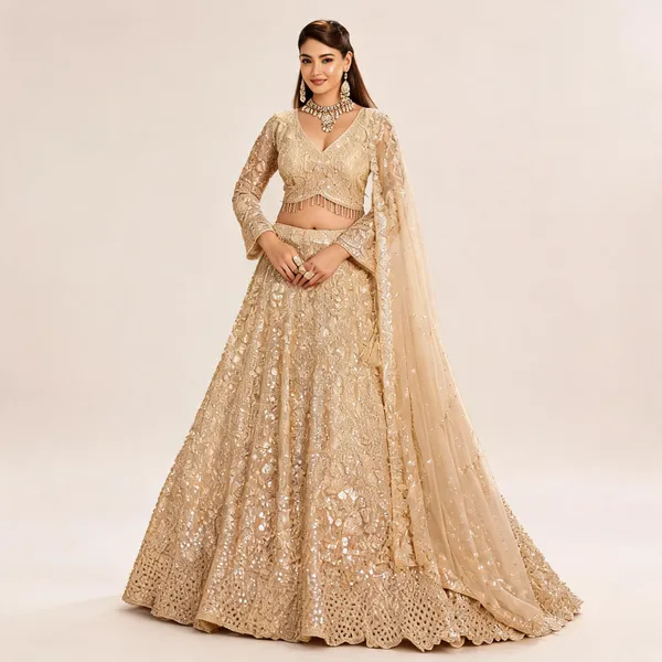 Beige_Net_Embroidered_Lehenga_Blouse_And_Dupatta_For_Women
