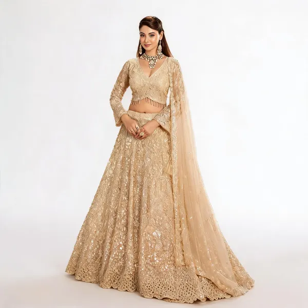 Beige_Net_Embroidered_Lehenga_Blouse_And_Dupatta_For_Women