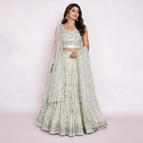 White_Net_Embroidered_Lehenga_Blouse_And_Dupatta_For_Women