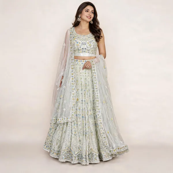 White_Net_Embroidered_Lehenga_Blouse_And_Dupatta_For_Women