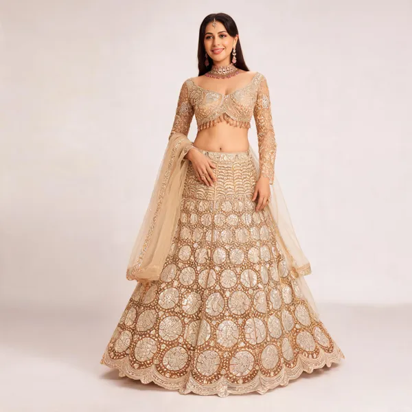 Beige_Net_Embroidered_Lehenga_Blouse_And_Dupatta_For_Women