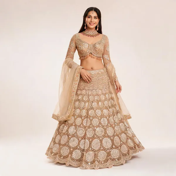 Beige_Net_Embroidered_Lehenga_Blouse_And_Dupatta_For_Women