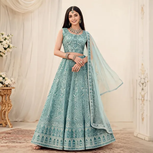 Cerulean_Blue_Net_Embroidered_Lehenga_Blouse_And_Dupatta_For_Women