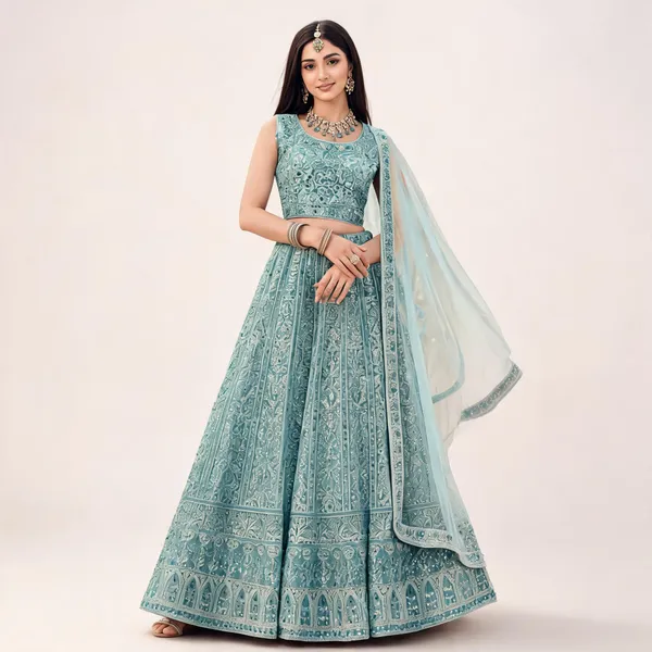 Cerulean_Blue_Net_Embroidered_Lehenga_Blouse_And_Dupatta_For_Women
