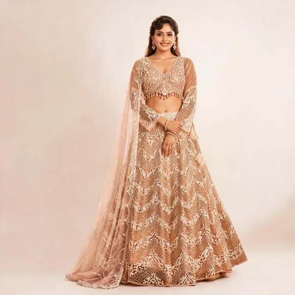 Peach_Pink_Shaded_Net_Embroidered_Lehenga_Blouse_And_Dupatta_For_Women