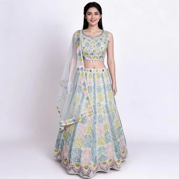White_Net_Multi-Embroidered_Lehenga_Blouse_And_Dupatta_For_Women