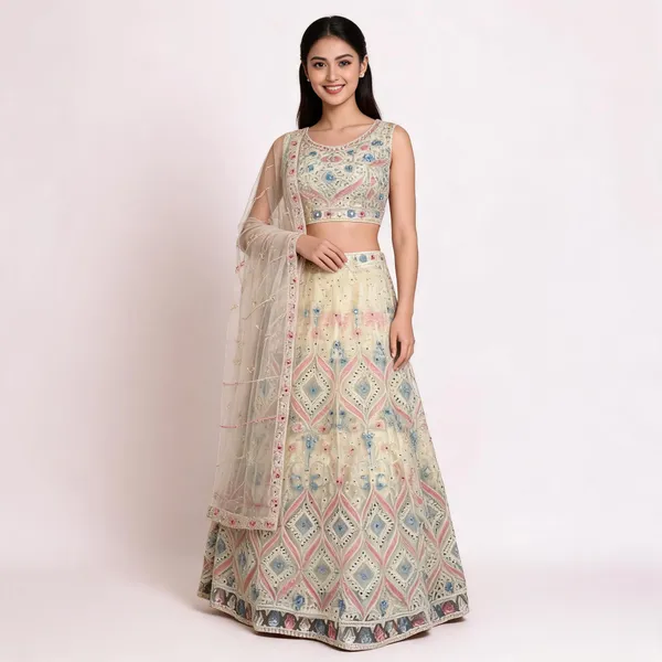 Beige_Net_Embroidered_Lehenga_Blouse_And_Dupatta_For_Women