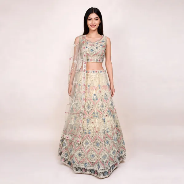 Beige_Net_Embroidered_Lehenga_Blouse_And_Dupatta_For_Women