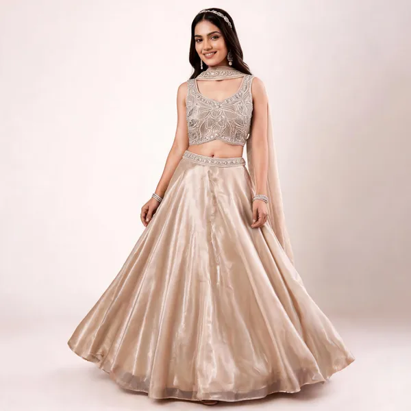 Beige_Satin_Plain_Lehenga_With_Heavy_Blouse_And_Dupatta_For_Women