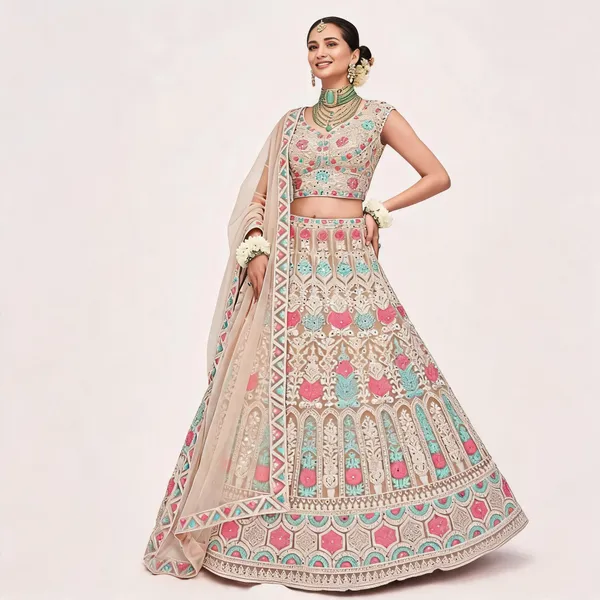 Beige_Multi_Net_Embroidered_Lehenga_Blouse_And_Dupatta_For_Women