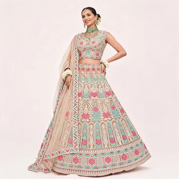 Beige_Multi_Net_Embroidered_Lehenga_Blouse_And_Dupatta_For_Women