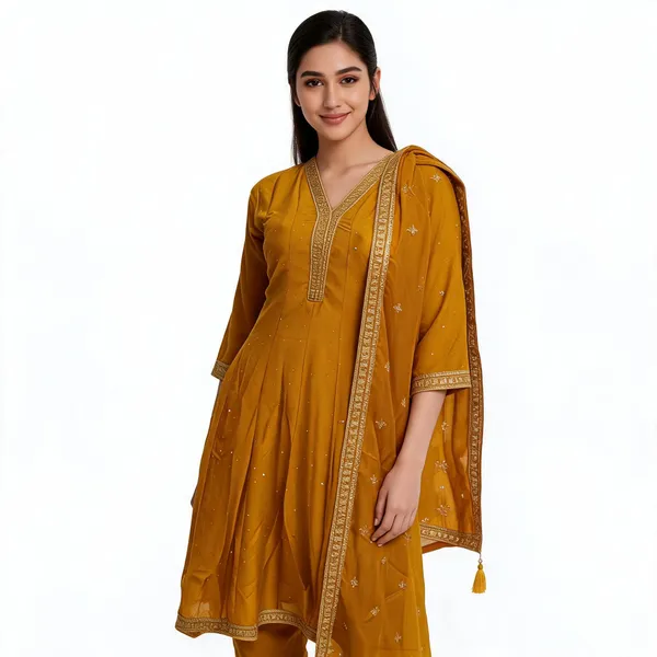 Yellow_Vichitra_V-Neck_Anarkali_Top_Pant_And_Dupatta_For_Women