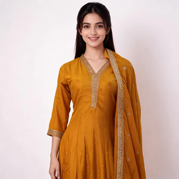Yellow_Vichitra_V-Neck_Anarkali_Top_Pant_And_Dupatta_For_Women