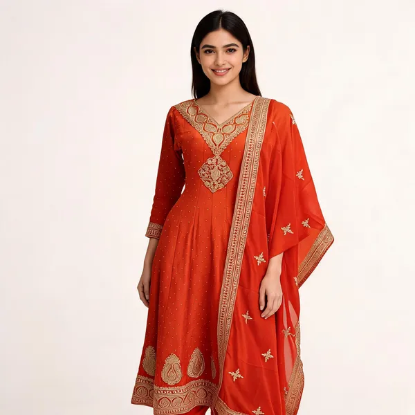 Burnt_Orange_Vichitra_Anarkali_Top_Pant_And_Dupatta_For_Women