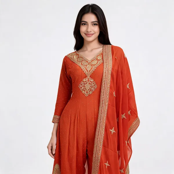 Burnt_Orange_Vichitra_Anarkali_Top_Pant_And_Dupatta_For_Women