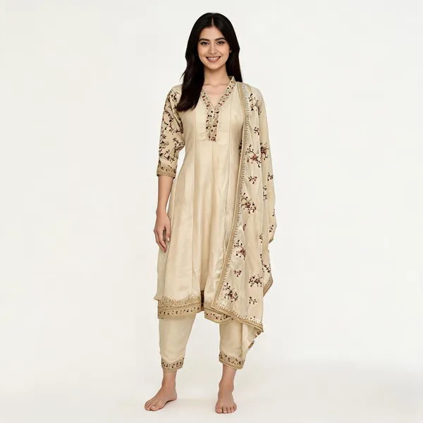 Beige_Vichitra_V-Neck_Anarkali_Top_Pant_And_Dupatta_For_Women