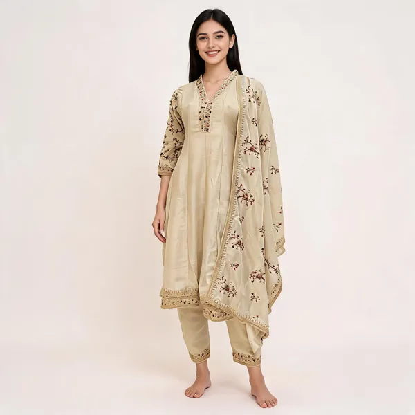 Beige_Vichitra_V-Neck_Anarkali_Top_Pant_And_Dupatta_For_Women