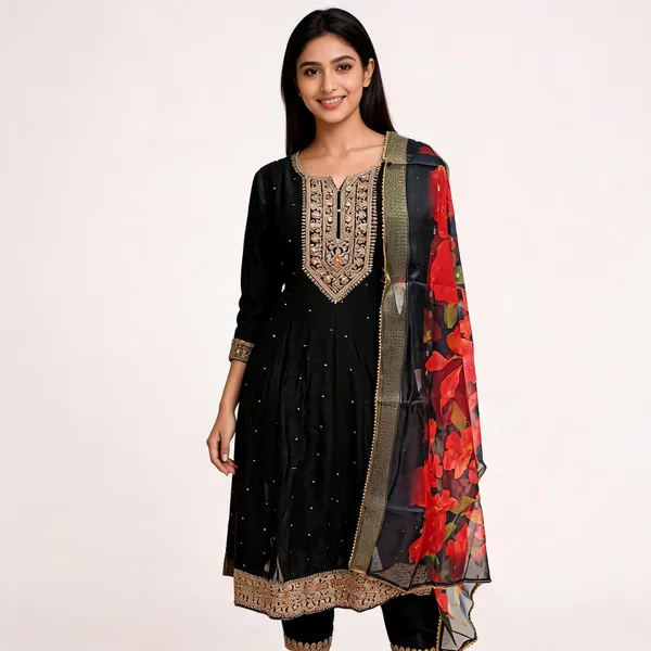 Black_Vichitra_Floral_Print_Anarkali_Top_Pant_And_Dupatta_For_Women