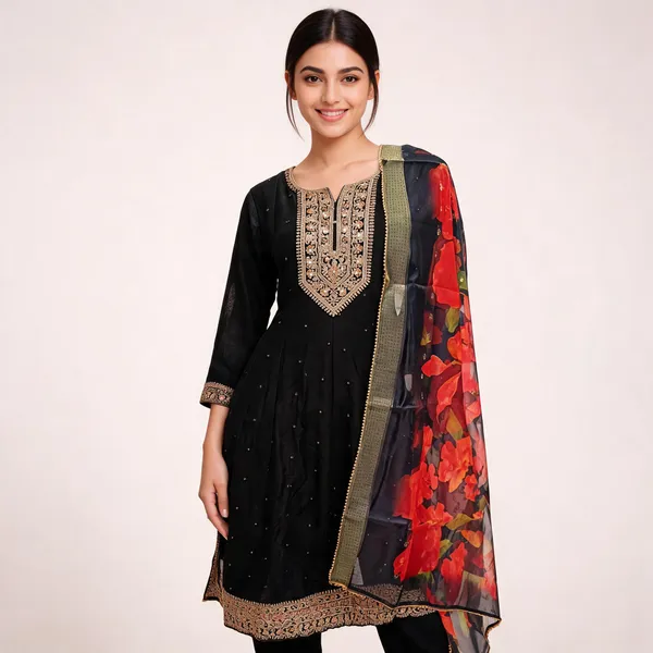 Black_Vichitra_Floral_Print_Anarkali_Top_Pant_And_Dupatta_For_Women
