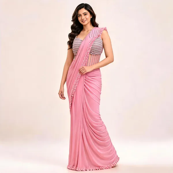 Pink_Lycra_Saree_Blouse_And_Dupatta_For_women