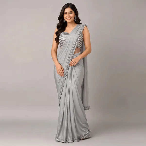 Silver_Lycra_Saree_Blouse_And_Dupatta_For_women