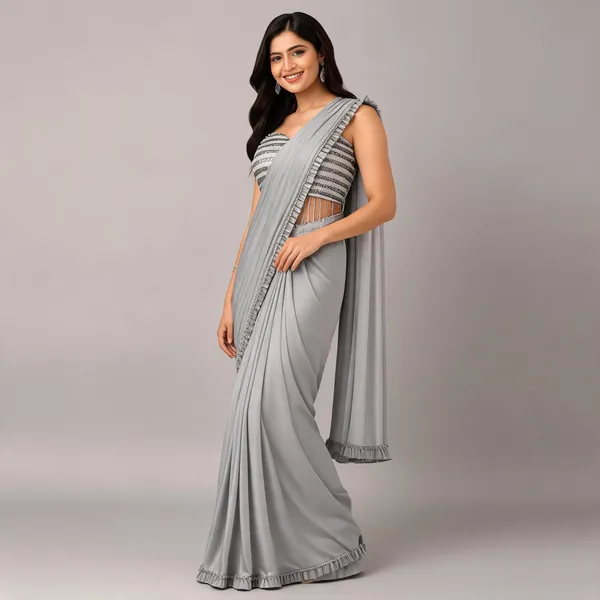 Silver_Lycra_Saree_Blouse_And_Dupatta_For_women