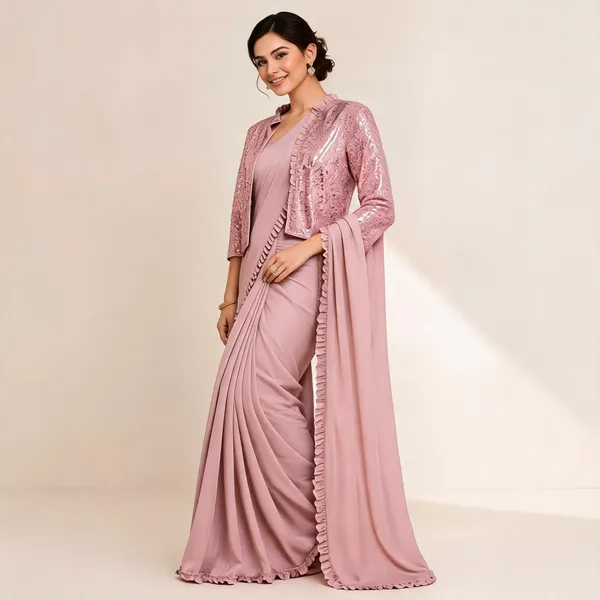 Pink_Lycra_Saree_Blouse_And_Dupatta_For_women