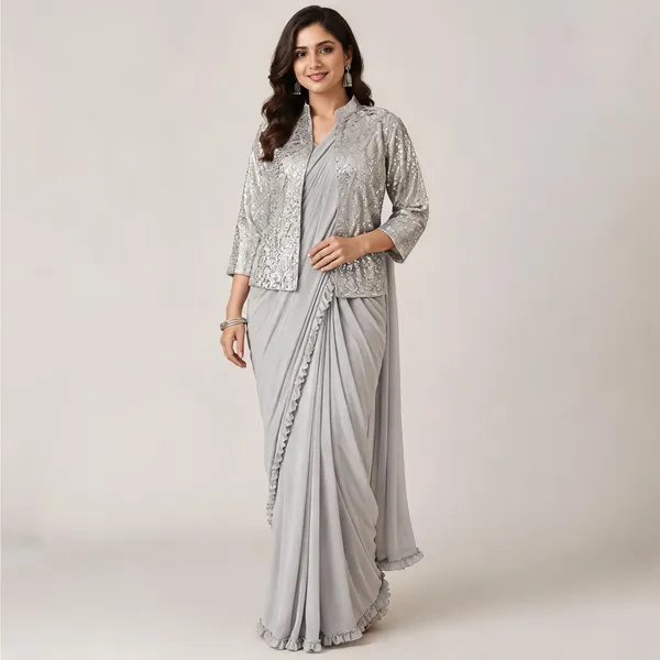 Grey_Lycra_Saree_Blouse_And_Dupatta_For_women