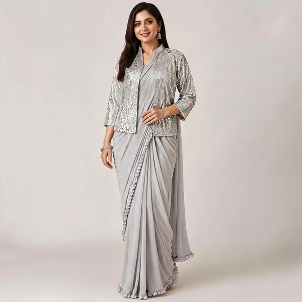 Grey_Lycra_Saree_Blouse_And_Dupatta_For_women