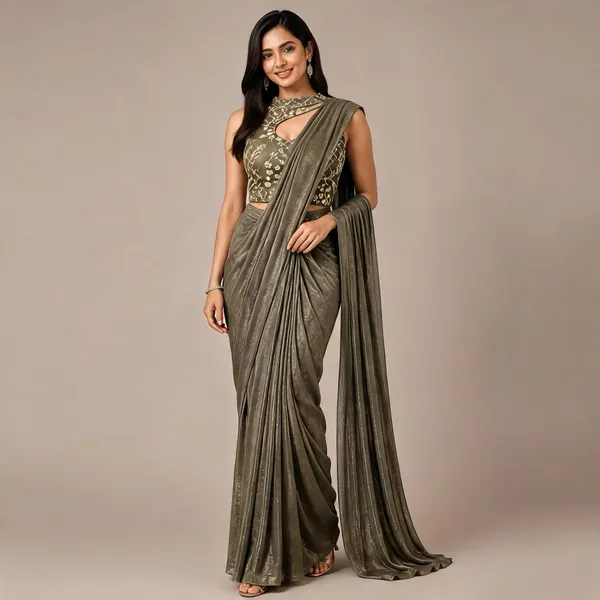 Olive_Green_Lycra_Saree_Blouse_And_Dupatta_For_women
