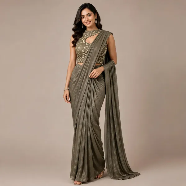 Olive_Green_Lycra_Saree_Blouse_And_Dupatta_For_women