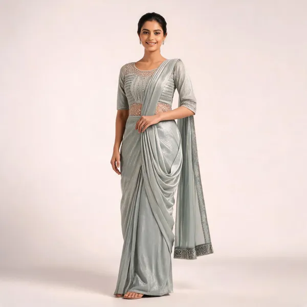 Green_Lycra_Saree_Blouse_And_Dupatta_For_women